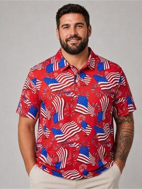Men’s XXL Red White Blue American Flag Firework Moisture Wicking Golf Polo NWT